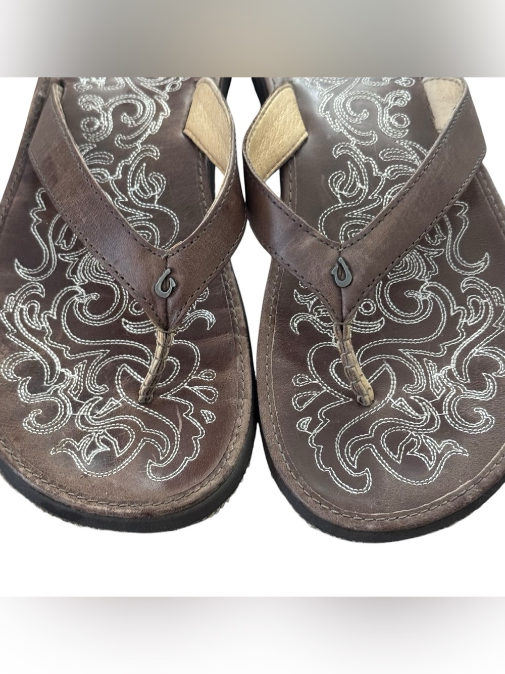 Olukai Paniolo Brown Leather Flip Flop Sandals Size 8 - Picture 8 of 11